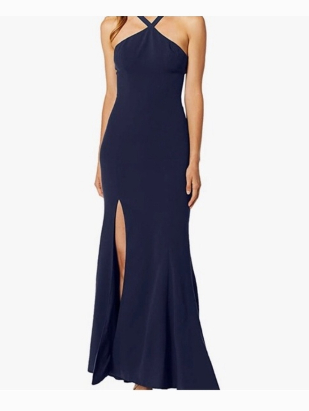 Dress the Population Navy Cross-Neck Slit Gown